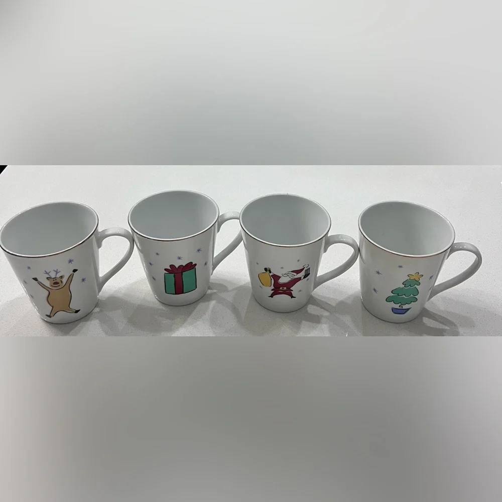 Merry Brite Whimsical Christmas Mugs Cups White‎ Porcelain Set Of 4